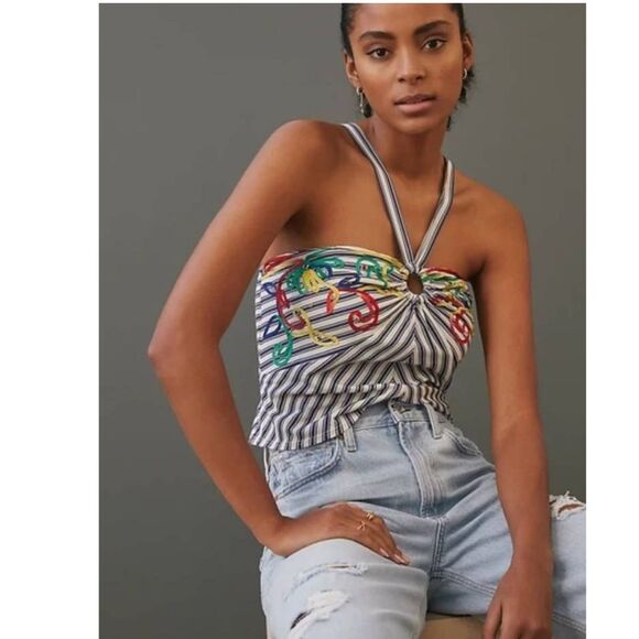 Anthropologie Tiny Avril Embroidered Striped Knit Halter Top Size Medium - Picture 2 of 11